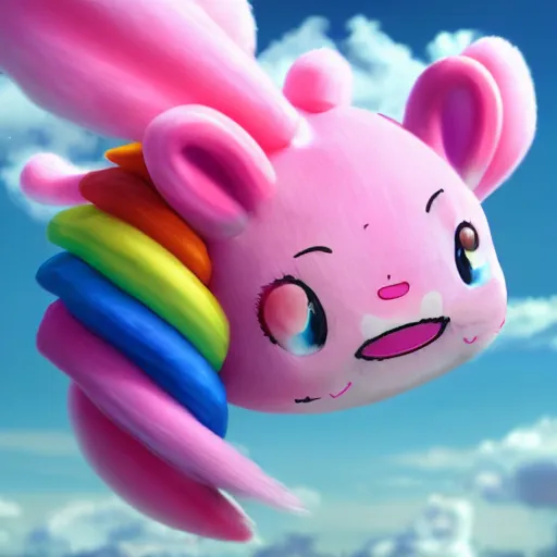 Prompt: cutest huge fantasy cloud animal, with sprouting rainbow hair, hd, japanese anime artist drawn, dlsr, dream animal cute eyes, trending on artstation, cotton candy, octane render, cinematic, sitting on a hand, flof