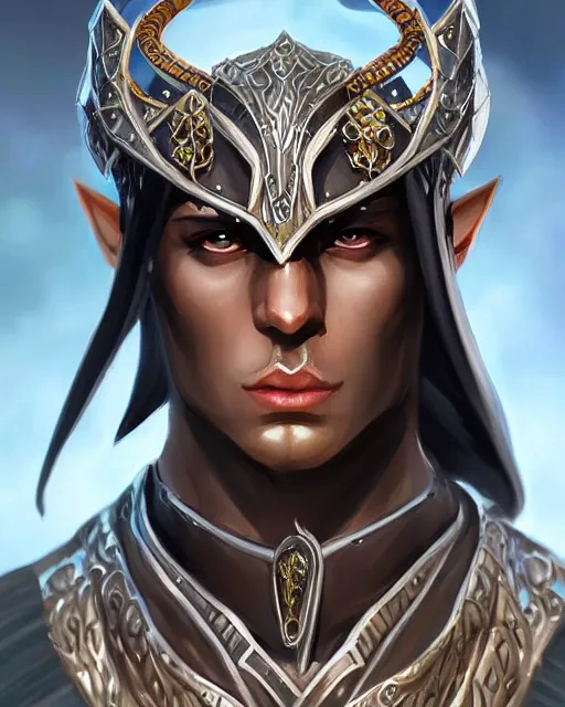 Image similar to a handsome noble male dark elf, obsidian skin, jewels, gemstones, silk, fantasy, intricate, elegant, highly detailed, digital painting, artstation, concept art, sharp focus, illustration