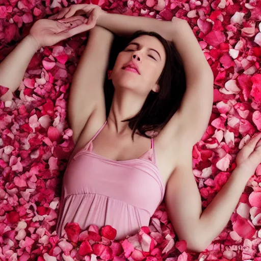 Prompt: woman laying in a pool of rose petals, movie poster, realistic, soft lighting, professional