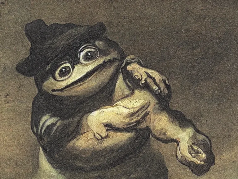 Image similar to beautiful painting of pepe the frog in the village, by Francisco Goya, high detail, high resolution