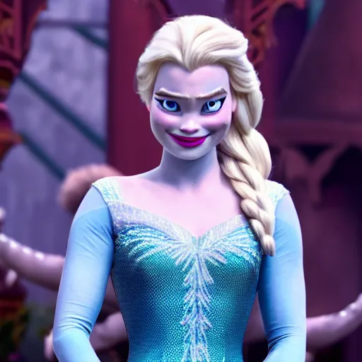 Image similar to Margot Robbie as Elsa in disney frozen live action, 8k full HD photo, cinematic lighting, anatomically correct, oscar award winning, action filled, correct eye placement,