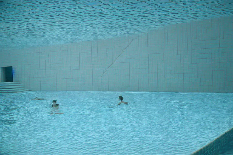 Prompt: underwater footage of a non - euclidean, geometric tiled swimming pool tunnels into infinity, cubic and right angles, cube portals, 1 9 7 0 s, ektachrome photograph, volumetric lighting, f 8 aperture, cinematic eastman 5 3 8 4 film stanley kubrick