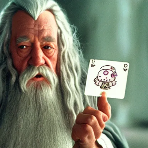 Image similar to portrait of gandalf as Hello Kitty, holding a blank playing card up to the camera, movie still from the lord of the rings