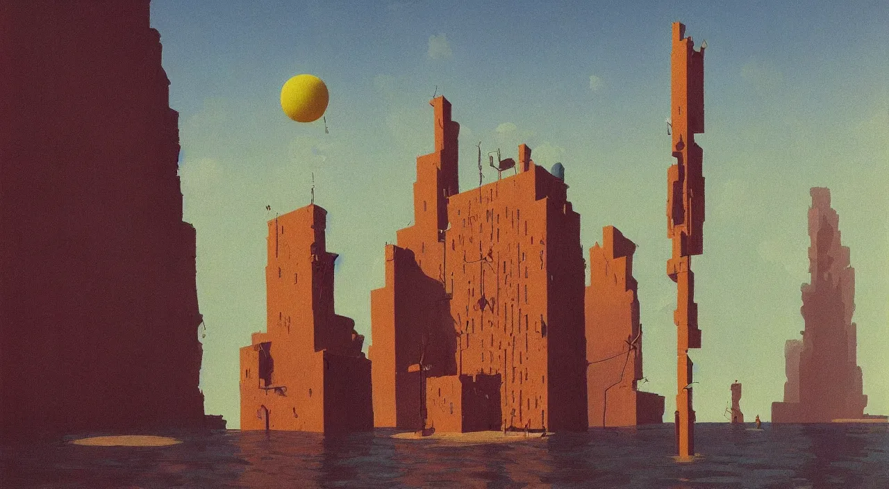 Prompt: single flooded simple falling clay tower, very coherent and colorful high contrast!! masterpiece by rene magritte simon stalenhag carl spitzweg syd mead norman rockwell edward hopper james gilleard, minimalist, dark shadows, sunny day, hard lighting