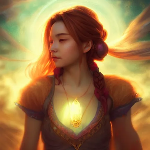 Image similar to enchanting summoner yuna portrait, fina fantasy x, atmospheric lighting, painted, menacing, intricate, volumetric lighting, beautiful, rich deep colours masterpiece, golden hour, golden ratio, sharp focus, ultra detailed, by leesha hannigan, ross tran, thierry doizon, kai carpenter, ignacio fernandez rios