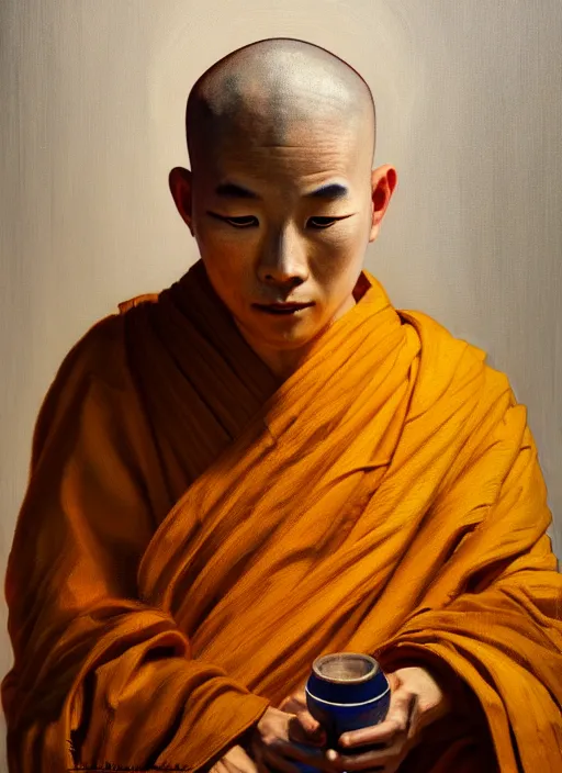 Prompt: portrait of a robot zen monk, detailed realism in painting, detailed beautiful portrait, oil painting masterpiece, 8 k resolution, smooth, sharp focus, trending on artstation, by rembrandt