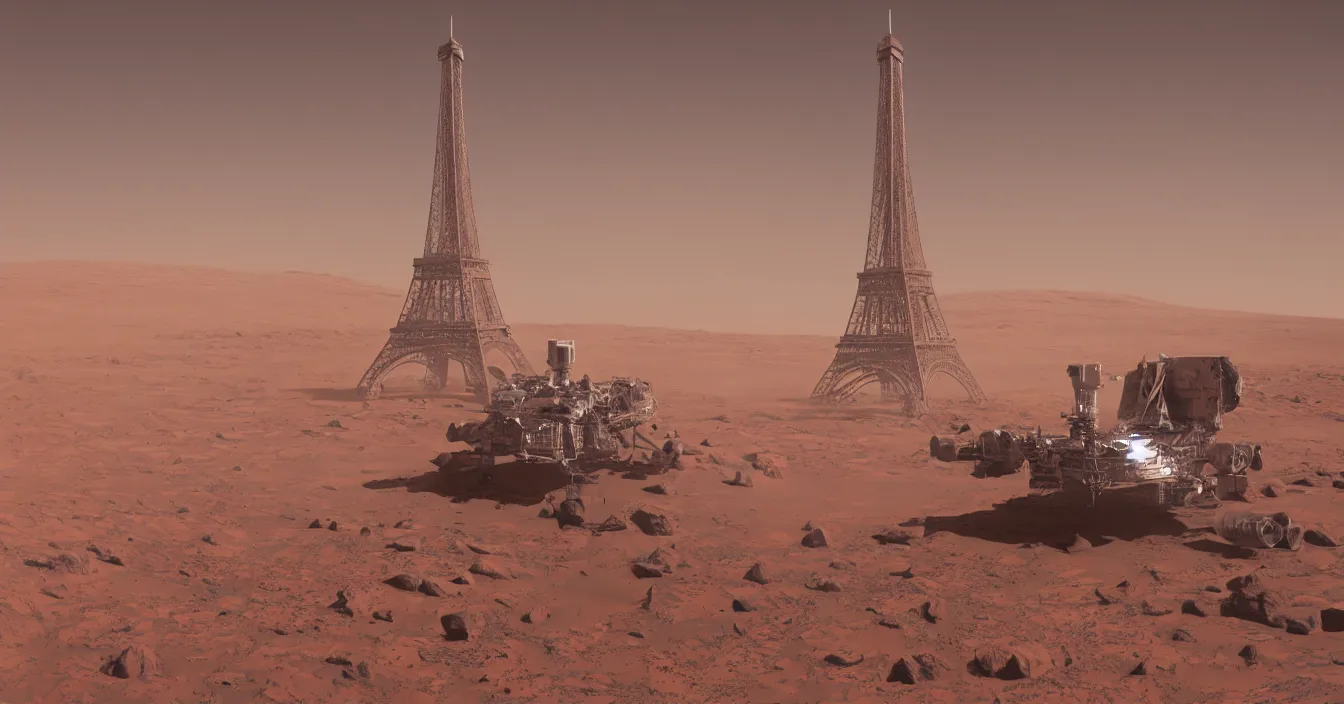 Image similar to spacecraft in the shape of the eiffel tower just landing on mars, photorealism, journalistic photography, super detail, composition, qualitative photography, vray shading, unreal engine