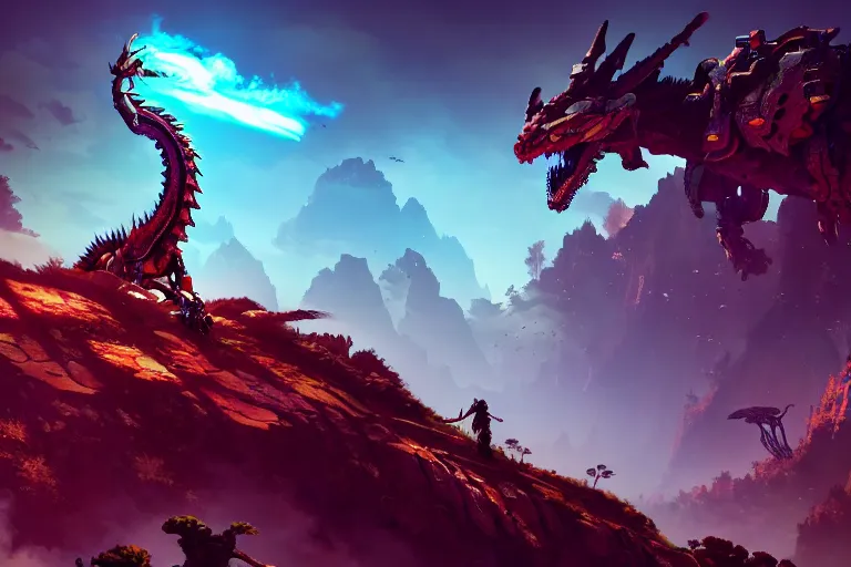 Image similar to dragon machine mecanical creature robot of horizon forbidden west horizon zero dawn bioluminiscence global illumination ray tracing hdr fanart arstation by ian pesty and alena aenami artworks in 4 k