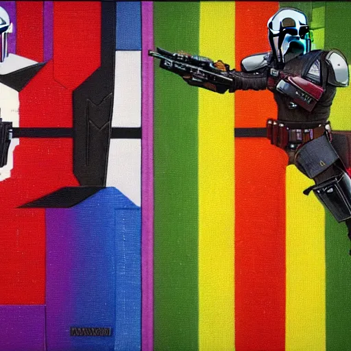 Image similar to the mandalorian's cape is a rainbow pride flag by ilya kuvshinov katsuhiro otomo