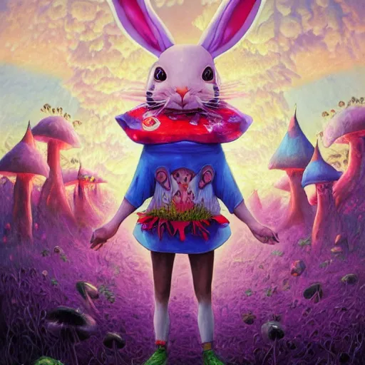 Image similar to 4 k headshot portrait of a psychedelic demonic anthropomorphic bunny rabbit with mushroom themed clothes, magic mushroom village in background by jeff easley, award winning, stylized neon, post - processing, masterpiece, superb resolution. in the art style of junji ito and greg rutkowski. detailed mushroom city in background. hyper realistic anime. perfect art. dalle 2