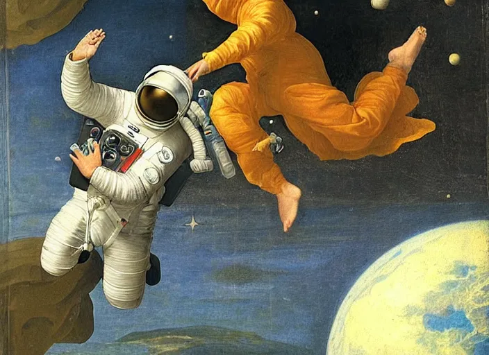 Image similar to an astronaut floating in space, in the style of a renaissance painting