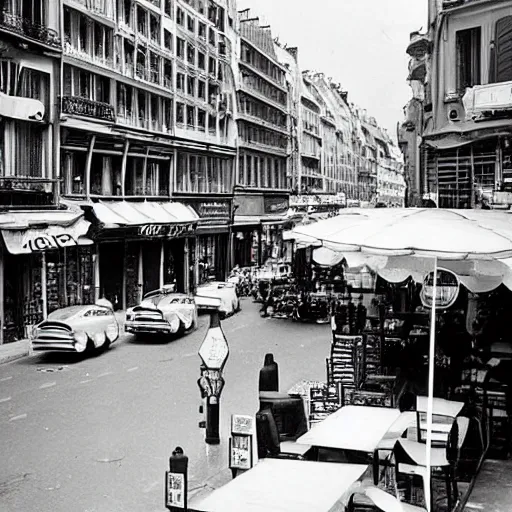 Prompt: une rue de paris vide avec des voitures garees, un restaurant avec une terrasse, des boutiques avec des neons, en debut de matinee en 1 9 6 0