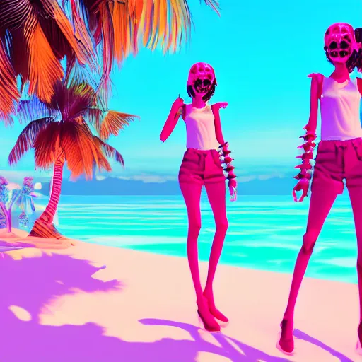 Image similar to fullbody vaporwave art of a fashionable zombie girl at a beach, early 90s cg, 3d render, 80s outrun, low poly, by carpenter brut