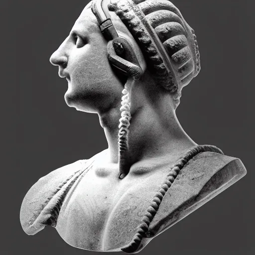Image similar to a roman bust wearing headphones listening to music, in the style of vaporwave, vaporwave style, 4k, hi res
