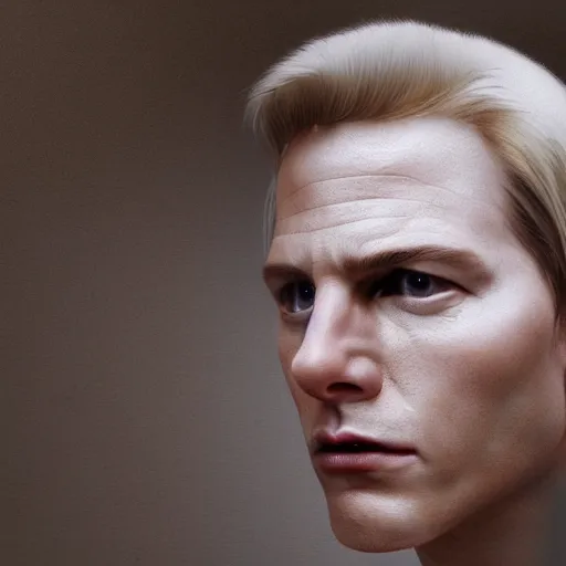 Image similar to realistic expired fuji film portrait of white albino tom cruise mix, hyperrealism, photorealistic, detailed, atmospheric, 8 k, award winning photography, cinematic