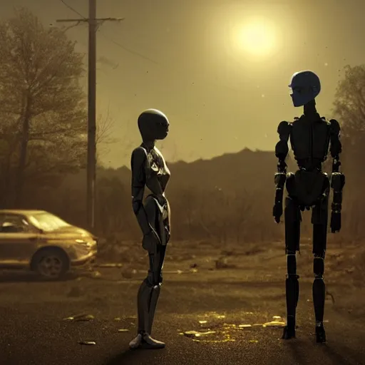 Prompt: Beautiful cinematic scene of two damaged humanoid robots like in Ex Machina (2014) standing near an abandoned gas station, post apocalyptic, at night, peaceful, science fiction, award-winning, cinematic lighting, insanely detailed, very realistic, Artstation, Cgsociety, by Simon Stalenhag, directed by Denis Villeneuve, filmic