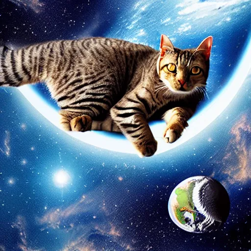 Image similar to giant cat in space about to eat the earth