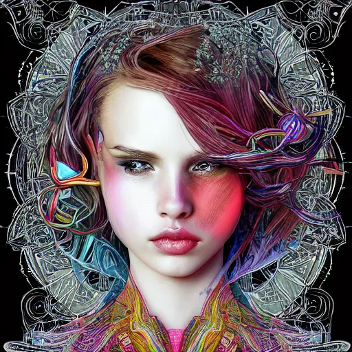 Image similar to the face of a ridiculously beautiful and pretty woman partially made of onion rings of all colors looking up, an ultrafine detailed illustration by james jean, final fantasy, intricate linework, bright colors, behance contest winner, vanitas, angular, altermodern, unreal engine 5 highly rendered, global illumination, radiant light, detailed and intricate environment