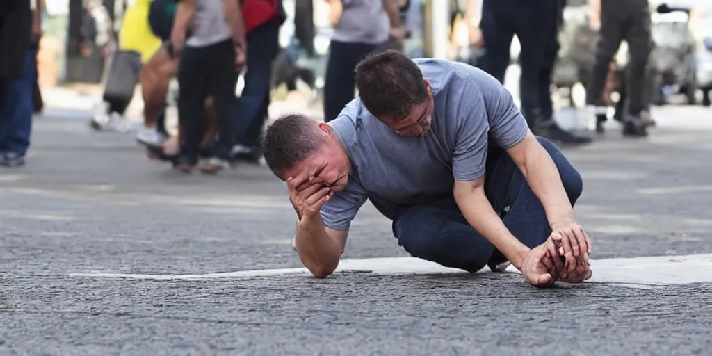 Prompt: man trying to pick up his nose from the pavement, leg falls off