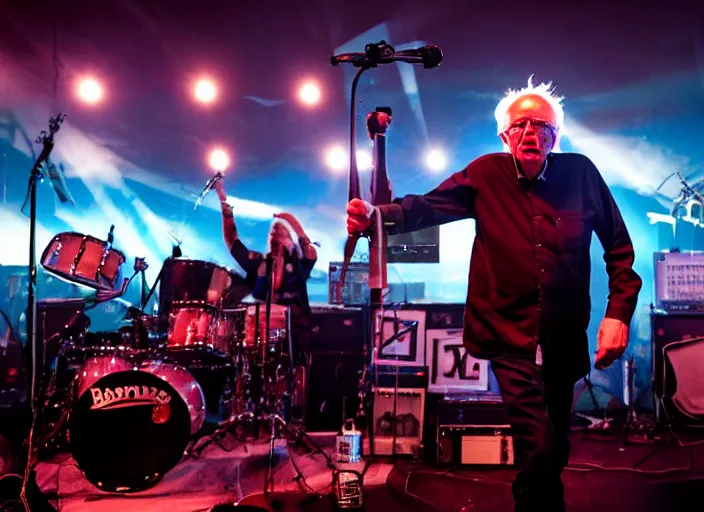 Image similar to publicity photo still of bernie sanders in a punk band playing live on stage, 8 k, live concert lighting, mid shot