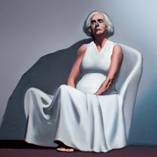 Image similar to a woman in a white dress sitting in a chair, concept art by john carpenter, volumetric lighting, photorealistic painting by jerry weiss, criterion collection