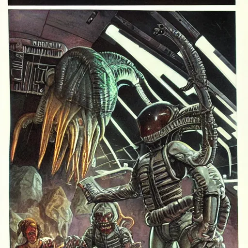 Image similar to the crew of the nostromo playing dungeons & dragons, alien 1 9 7 9, ron cobb, highly detailed, comic book, science fiction, used future