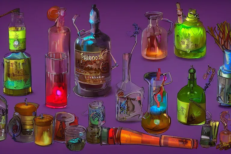 Image similar to a small rack filled with five colorful glowing concoctions, magical potions, fantasy artwork, featured on artstation