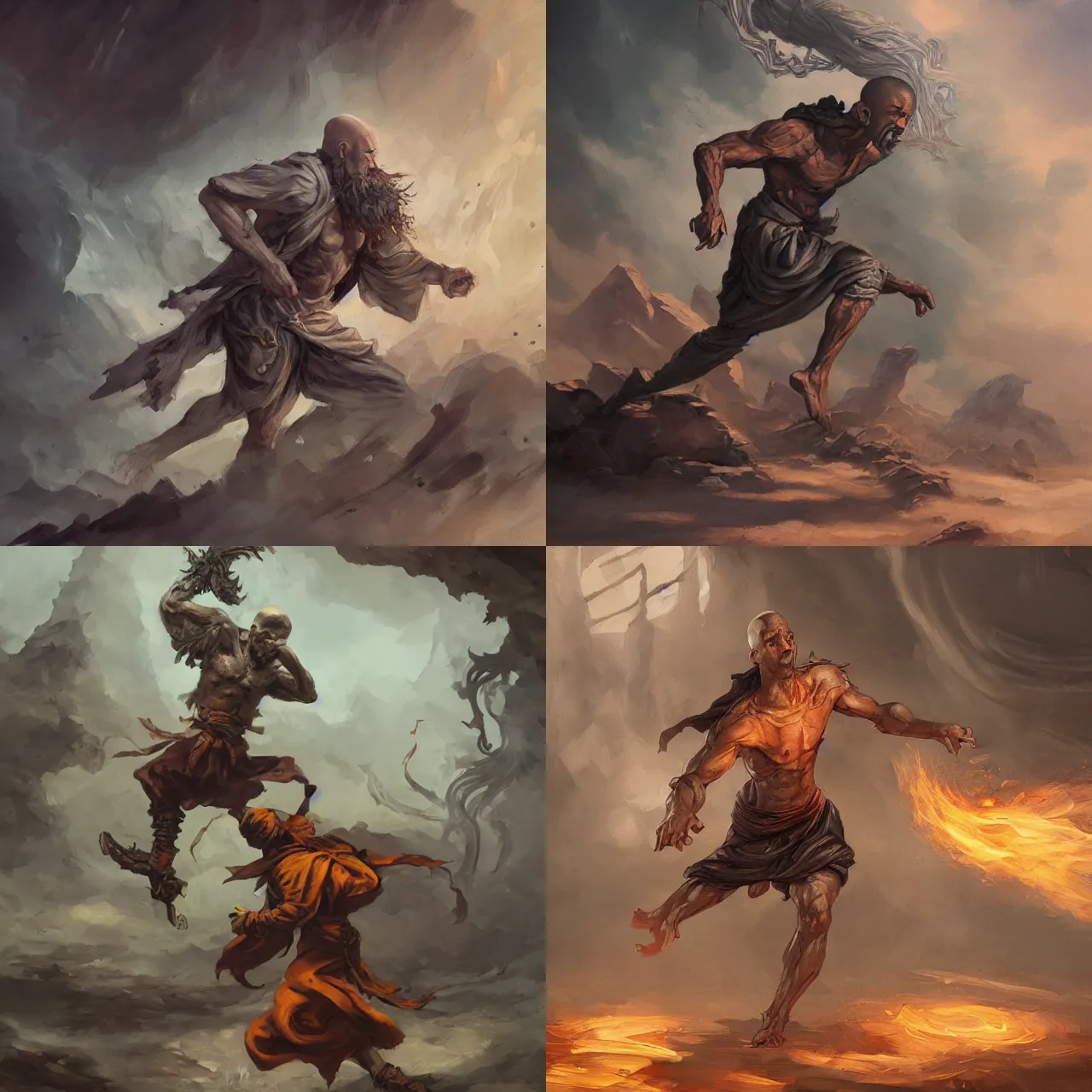 Prompt: male monk running at full speed without shirt, concept art, oil painting, DND, In the art style of Mohrbacher, Peter
