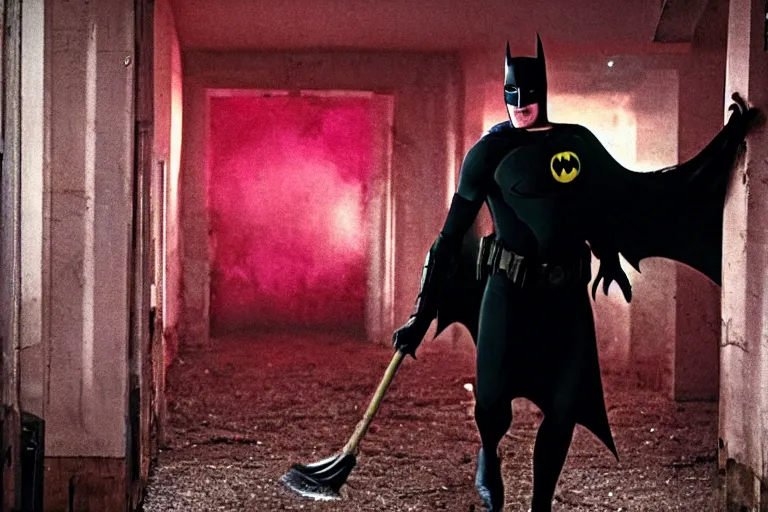 Image similar to michael keaton batman covered in beer wearing pink apron wielding an axe, chasing through old brown decrepit hallway, creepy smile, atmospheric eerie lighting, photorealistic face, dim lighting, bodycam footage, motion blur, photograph