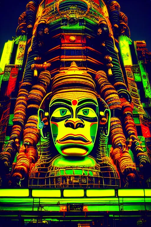 Image similar to high quality photo hyperrealistic cyberpunk hanuman head building, neon yellow madhubani, highly detailed, in sci - fi mumbai, unreal engine cinematic smooth, liam wong, moody light, low angle, uhd 8 k, sharp focus