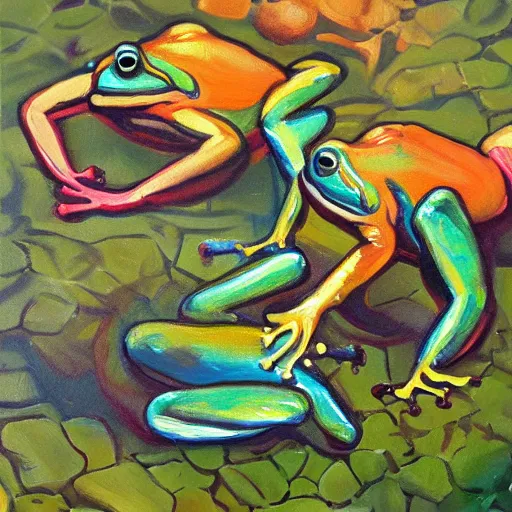 Image similar to oil painting gay frogs