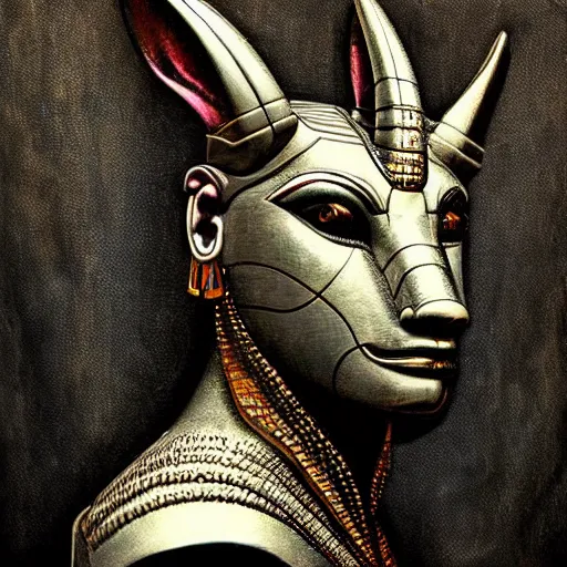 Prompt: “ detailed futuristic portrait of egyptian god anubis, cybernetics, realistic, mystical ”