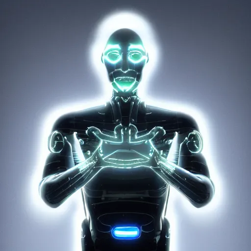 Image similar to translucide cyborg clapping his hands. hyperrealistic 3 d light shining through