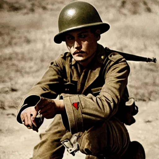 Prompt: johnny depp as a soldier in world war 2, award winning war photo