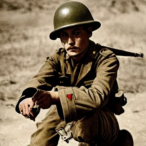 Image similar to johnny depp as a soldier in world war 2, award winning war photo