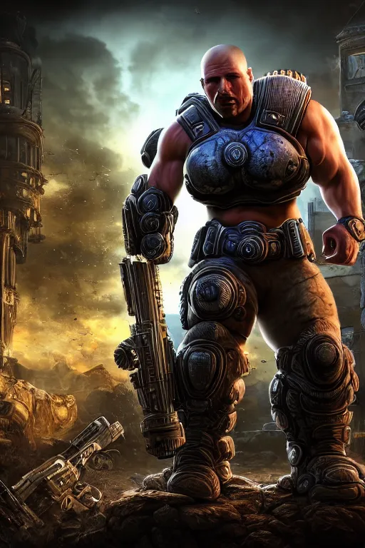 Image similar to Dr. Jordan B. Petterson as a muscular Gears of War character, photorealism, half body, HDR ambient background, unreal engine 5, hyperrealistic, highly detailed, XF IQ4, 150MP, 50mm, F1.4, ISO 200, 1/160s, cinematic lights, Adobe Lightroom, photolab, Affinity Photo, PhotoDirector 365, realistic