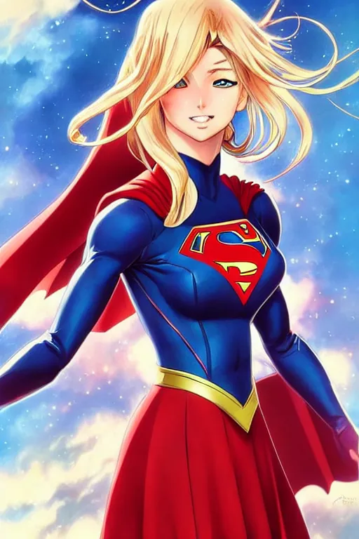 Image similar to anime key visual of a beautiful female supergirl!! intricate, red, blue gold suit, powers, speed, dc comics, cinematic, stunning, highly detailed, digital painting, artstation, smooth, hard focus, illustration, art by artgerm and greg rutkowski and alphonse mucha