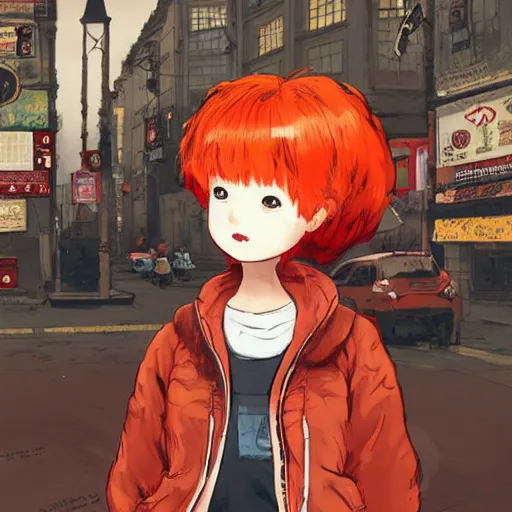 Prompt: A cute cartoon ginger girl with puffy red hair, wearing a brown jacket over a black hoodie in a busy asian city, digital art, Akihiko Yoshida