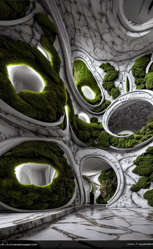 Image similar to highly detailed ultra sharp 3 d render villa interior cinematic composition of a smooth ceramic porcelain biomorphic magnolia stone nebula fluid fractal sci - fi surreal architecture landscape, granite, metallic, magnesium, marble, moss and lichen, vincent callebaut composition, mamou - mani, archviz, beautiful lighting, 8 k, unreal engine, hdr,