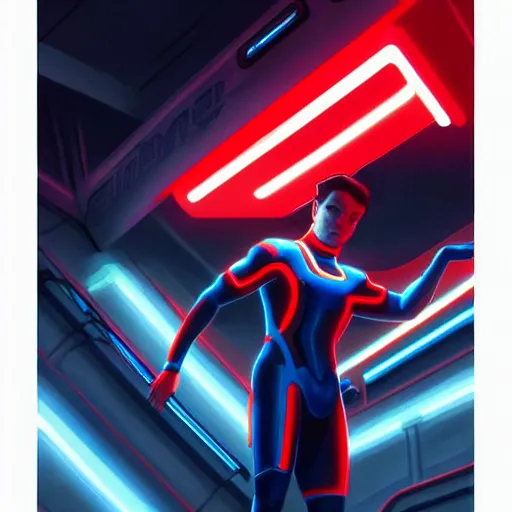 Image similar to tron, wearing a red polo shirt, a video game store setting, intricate, headshot, highly detailed, digital painting, artstation, concept art, sharp focus, cinematic lighting, illustration, art by artgerm and greg rutkowski, alphonse mucha, cgsociety, edward hopper