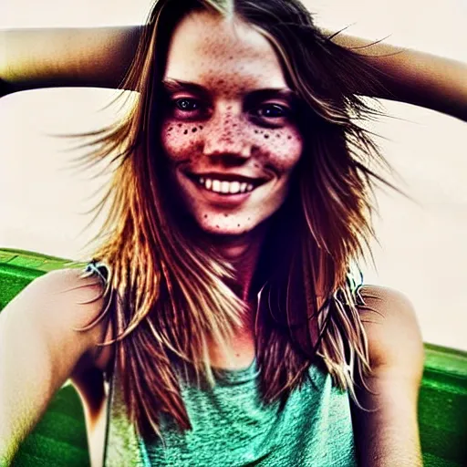 Image similar to a trending photo of over a million views from a female fashion model's instagram account, summer, freckles, smile, green eyes, natural, easygoing, healthy