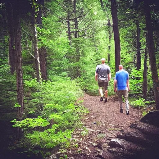 Image similar to “ poor quality nature photography of a bald man hiking in the woods with bigfoot walking by ”