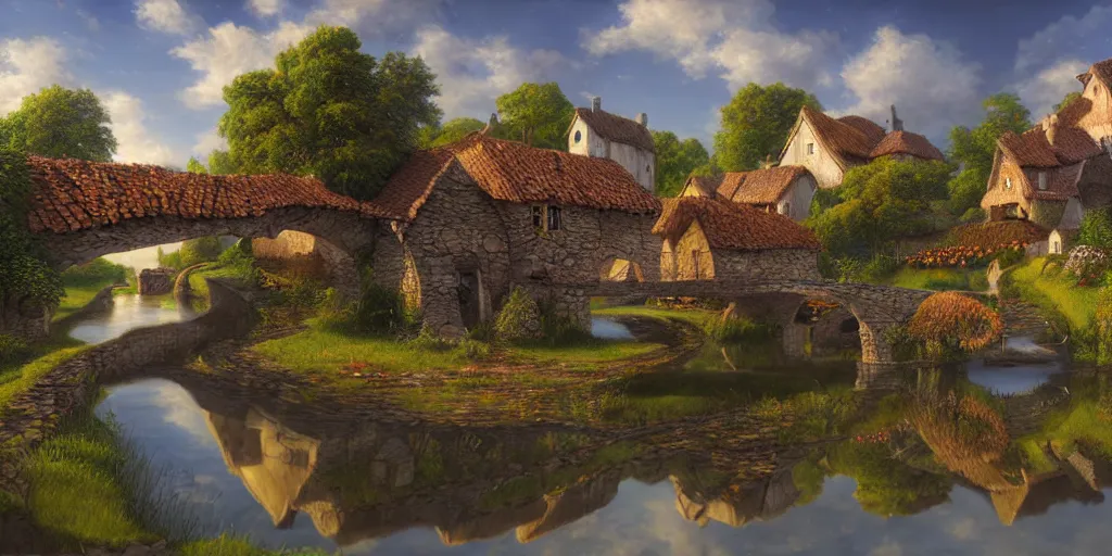 Image similar to super realistic photorealistic detailed village with a river, water, reflection, stone bridge, art by Gediminas Pranckevicius, Michelangelo