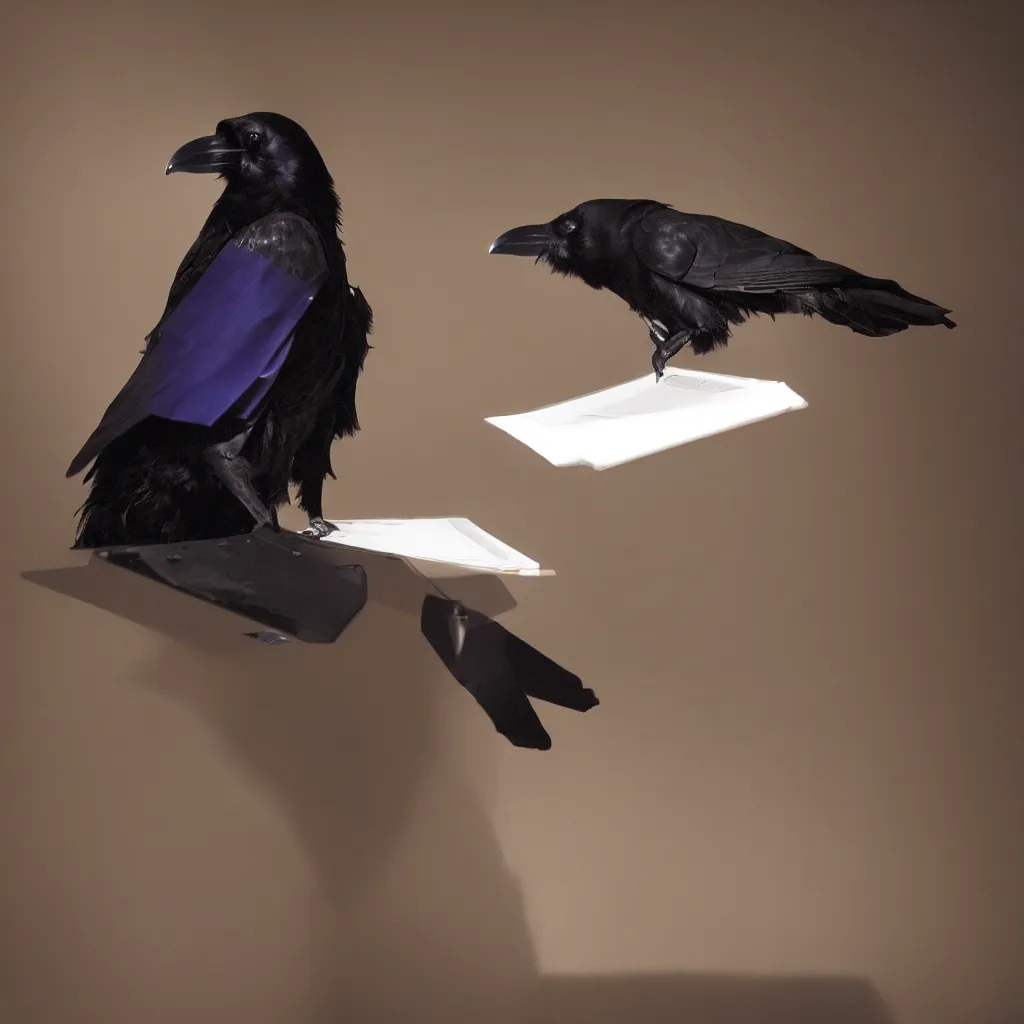 Image similar to a photograph of a raven using a computer, filmic, dramatic lighting