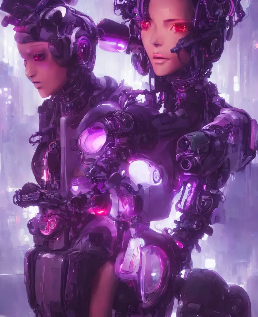 Image similar to A beautiful painting of a cyberpunk anime girl with purple hair and an a huge robot arm sensual stare, Trending on artstation. augmentations and cybernetic enhancements neon circuits, greg rutkowski , hyperrealist, cinema4D, 8k highly detailed ❤️‍🔥 🔥 💀 🤖 🚀