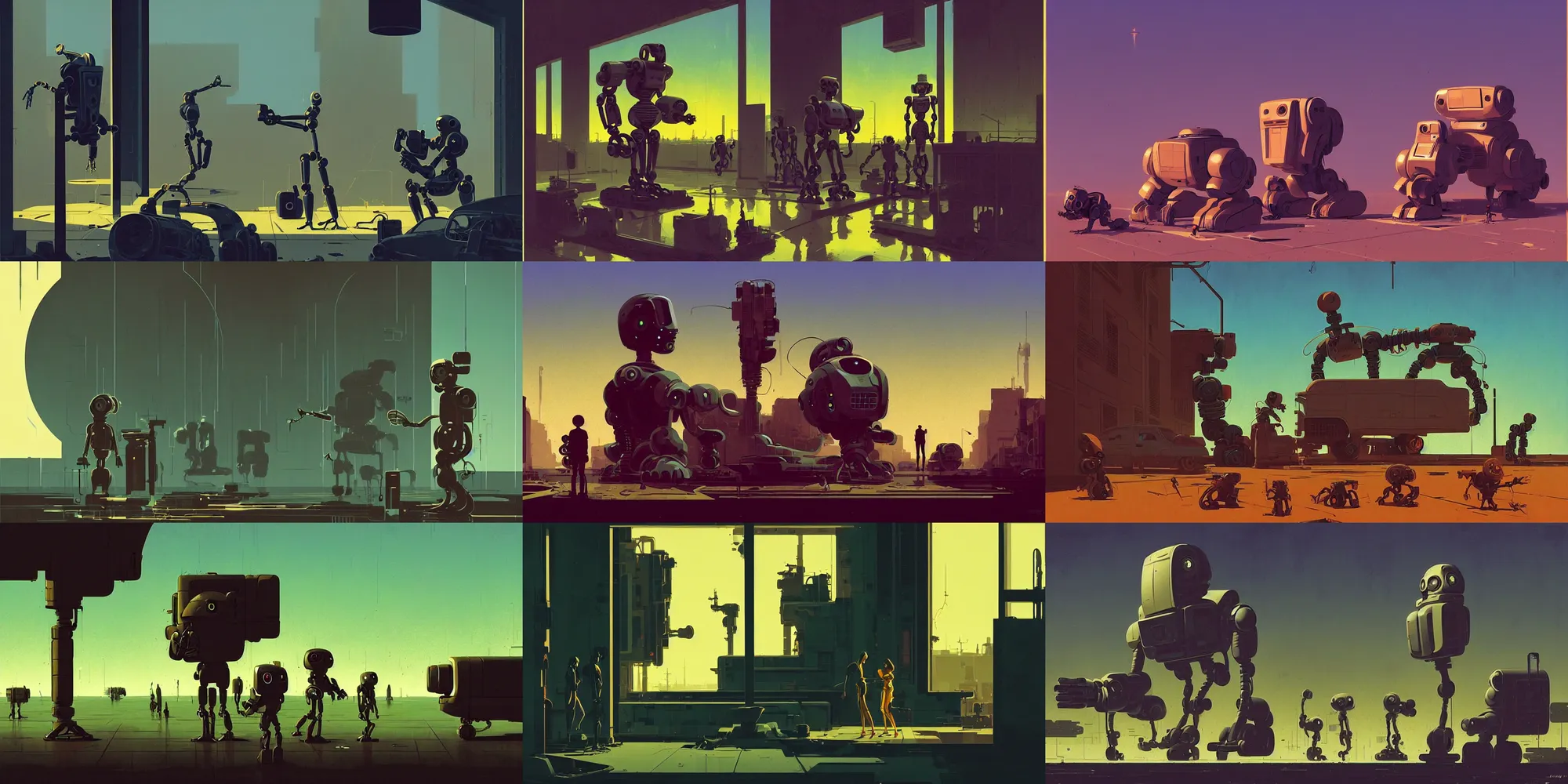 Prompt: the future is abandoned by robots and cyborgs are enjoying learning how to love, art by syd mead mike mignola, composition by simon stalenhag, soft lighting, rule of thirds, golden ratio, fiibonacci, phi