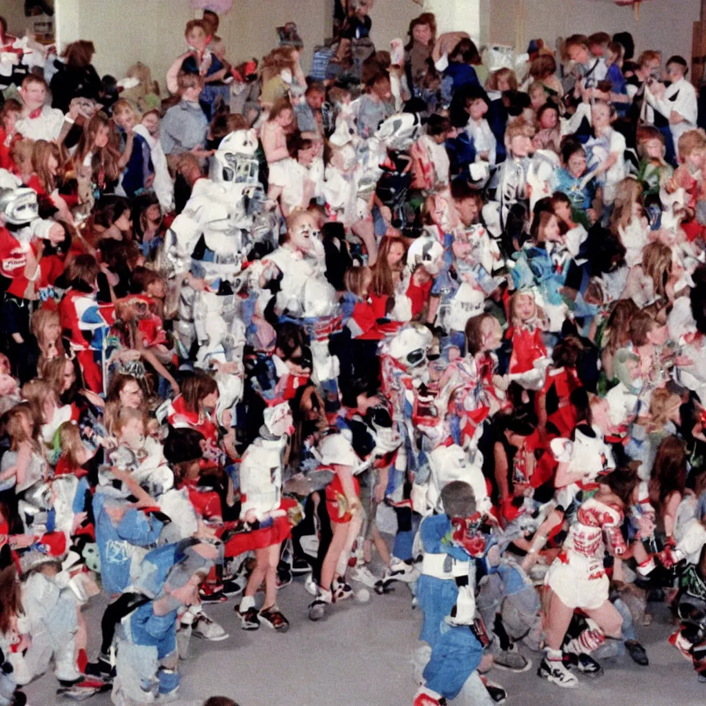 Image similar to 1990s candid photo of a middle school home coming dance with robot warrior rabbits , cinematic, UHD