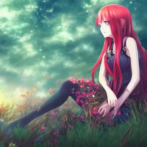 Image similar to infp anime girl with red hair, amid nature, hyper detailed digital art, dreamy, very atmospheric