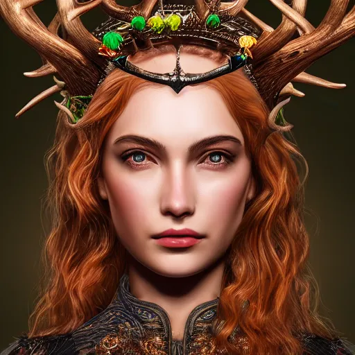 Image similar to highly detailed close up portrait of Artemis, goddess of the hunt and the moon, wearing a crown made of antlers, cinematic lightning, bright colors, intricate, masterpiece, photorealistic, hiperrealistic, sharp focus, high contrast, Artstation HQ, DeviantArt trending, 4k UHD, Unreal Engine 5