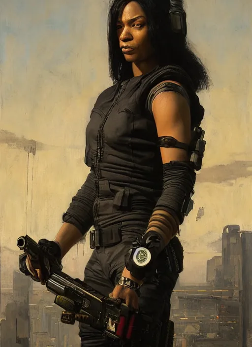 Image similar to maria igwe. cyberpunk mercenary wearing a military vest and combat jumpsuit. (Cyberpunk 2077, bladerunner 2049). Iranian orientalist portrait by john william waterhouse and Edwin Longsden Long and Theodore Ralli and Nasreddine Dinet, oil on canvas. Cinematic, vivid colors, hyper realism, realistic proportions, dramatic lighting, high detail 4k